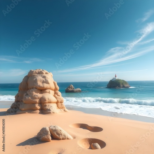 In the foreground is a large, sculptural sandy beach, like a piled-up hill.