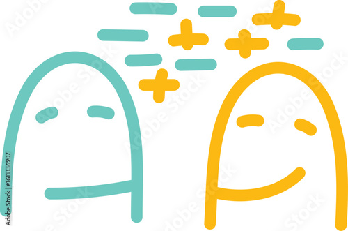 minimalist illustration of two people talking, a visual metaphor for how the same person can experience life very differently depending on their mindset  
