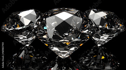 Three brilliant, faceted diamonds, reflecting light on a black background.  Close-up view showcasing intricate facets and sparkle
