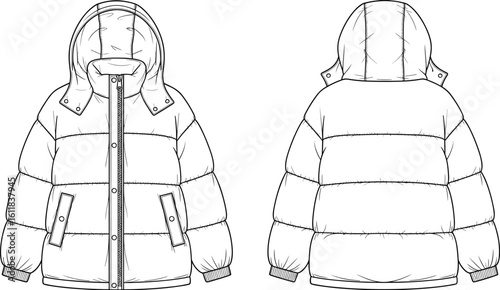 CAD drawing flat vector illustration of puffer winter jacket, hooded coat design, cold weather fashion sketch, technical clothing layout