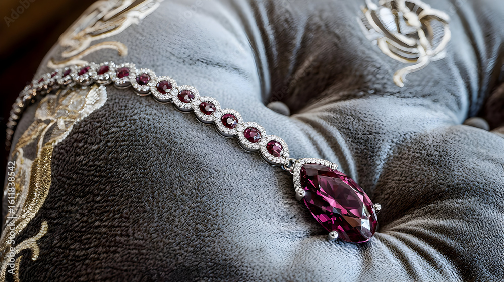 Fototapeta premium Elegant ruby and diamond necklace rests on plush velvet. A long strand of sparkling gems, with a prominent teardrop-shaped ruby pendant, graces a luxuriously textured, light gray velvet cushion