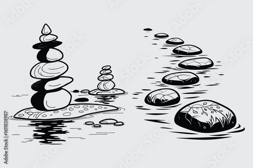 Stone formations in shallow water image silhouette design vector art and illustration
