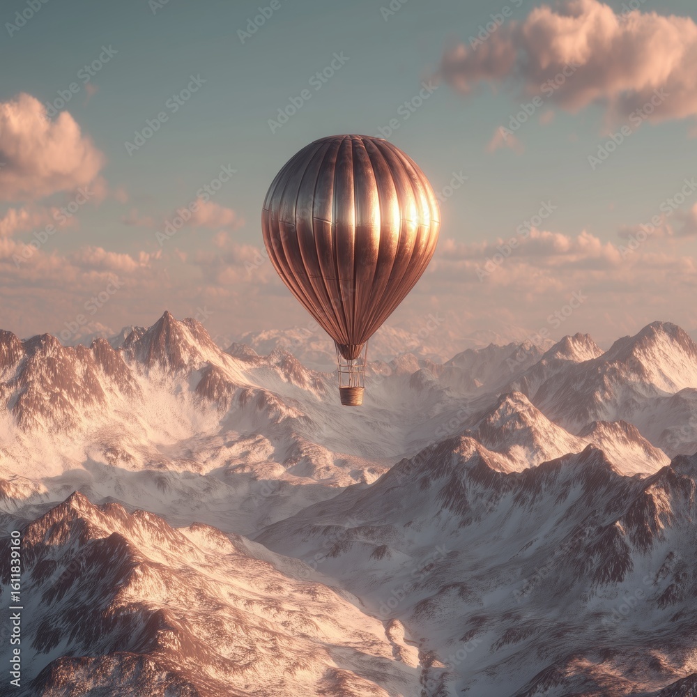 Fototapeta premium Hot air balloon floating over snowy mountain peaks at sunrise – adventure travel, tourism, exploration background