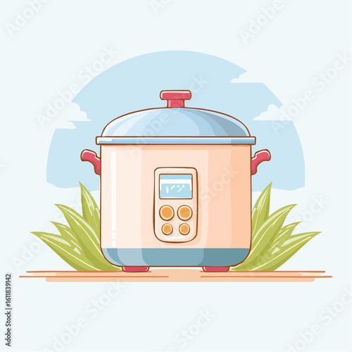 Pastel-colored electric rice cooker illustration with a digital display and blue lid.