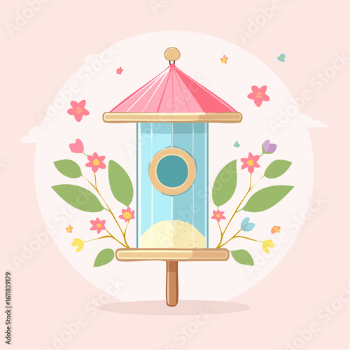 Charming illustrated bird feeder with a pink roof filled with seeds and adorned with colorful spring flowers.