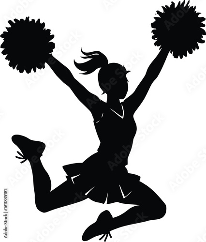 Cheerleader silhouette jumping with pom poms vector graphic illustration