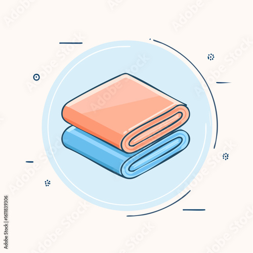 Stack of two neatly folded towels peach and blue in a clean line art cartoon style.