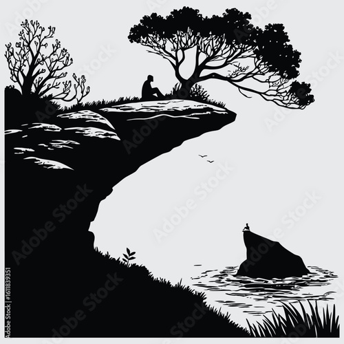 Rock ledge overhanging ocean image silhouette design vector art and illustration