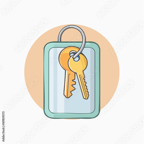 Cartoon illustration of two golden keys on a silver ring with a light blue plastic fob.