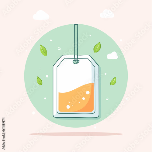 Hand-drawn cartoon teabag filled with bubbling orange liquid hanging from a string amidst fresh green leaves.