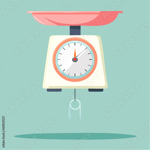 Vintage hanging kitchen scale illustration with a pink tray off-white body and an analog dial.