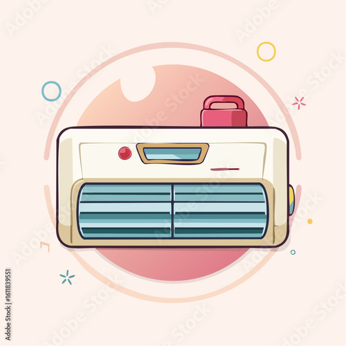 Retro portable electric heater with a red handle and blue vents cartoon style illustration.