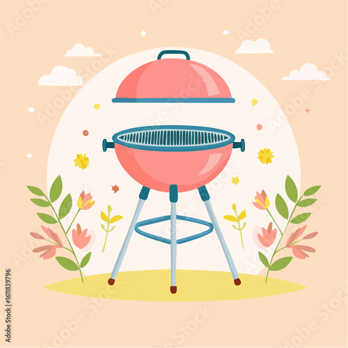 Stylized pink and blue kettle barbecue grill with an open lid shown in a flat vector illustration style.