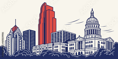 Austin Skyline Silhouette with Texas State Capitol and Frost Bank Tower
