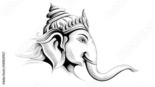 Ganesha deity head profile line art