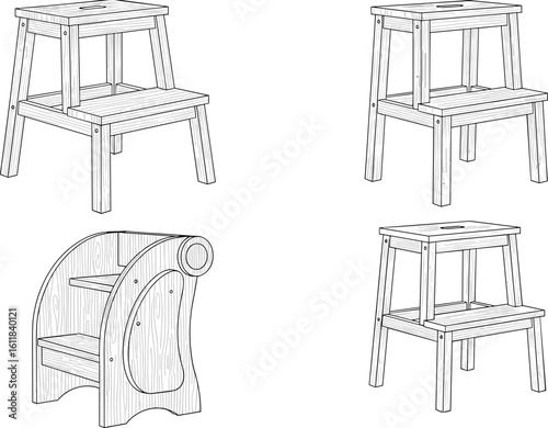 CAD drawing flat vector illustration of wooden step stools, furniture design blueprint, technical sketch, carpentry template, detailed construction layout