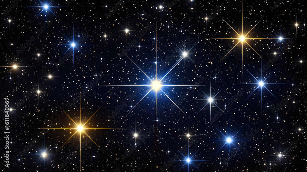 Fototapeta premium Starry expanse of space, with various bright stars of varying color, against a deep black background. Many small stars