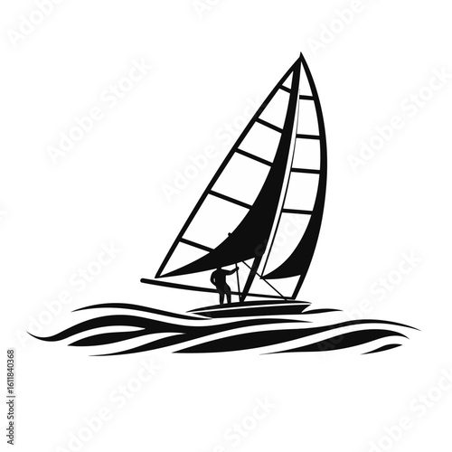 The silhouette of a windsurfer riding the waves with a sail on a transparent background