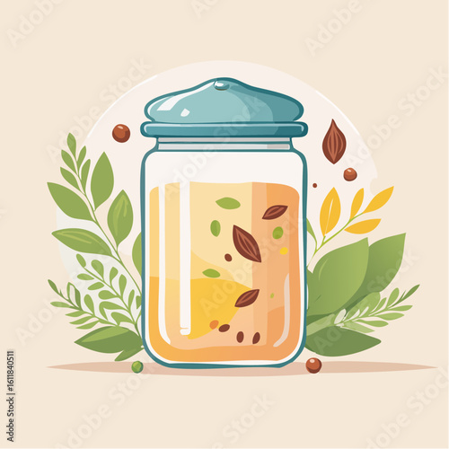 Illustrated glass jar with a blue lid containing infused oil herbs and spices surrounded by fresh leaves.