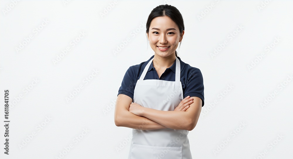 Smiling woman in apron positive staff portrait Smiling woman in apron positive staff portrait