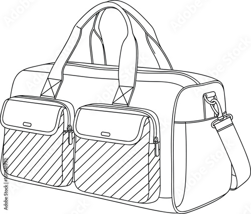 CAD drawing of utility travel duffle bag, flat vector illustration, double front pockets, shoulder strap design, fashion accessory sketch