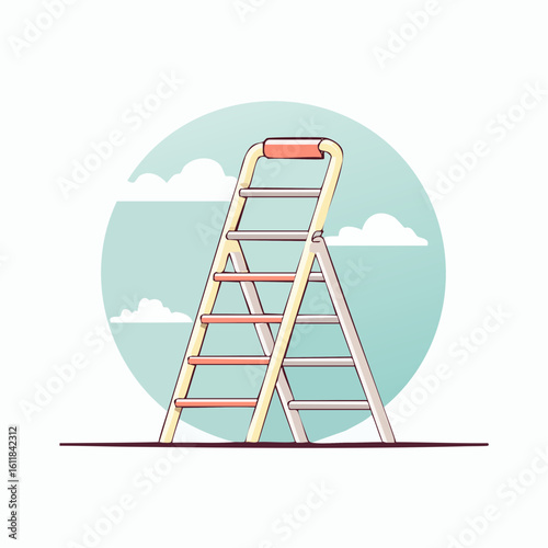 A-frame stepladder illustration with a yellow frame and coral-colored steps and handle.