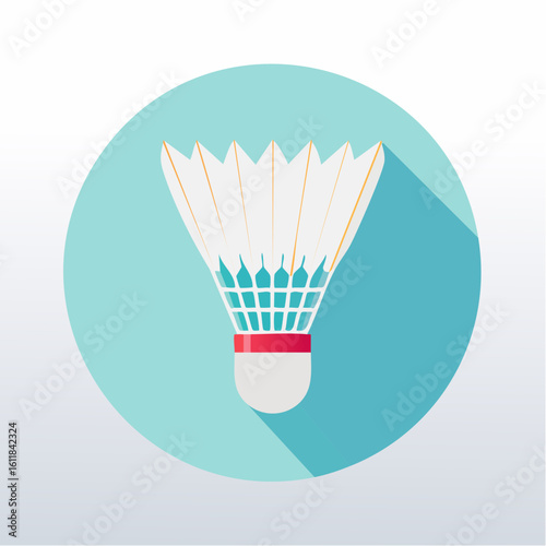 Flat design icon of a badminton shuttlecock with white feathers a teal skirt and a grey cork with a red band.