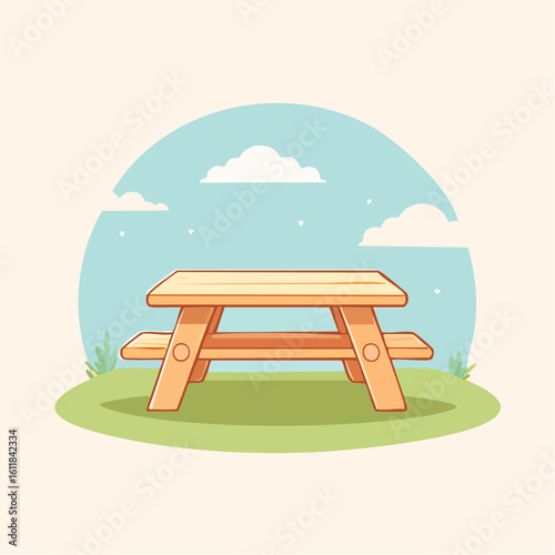 Classic A-frame wooden picnic table with attached benches illustrated in a simple clean cartoon style.