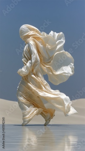 Woman draped in flowing ivory fabric running across desert sands under clear blue sky – ethereal fashion photography for editorial, branding, and creative campaigns