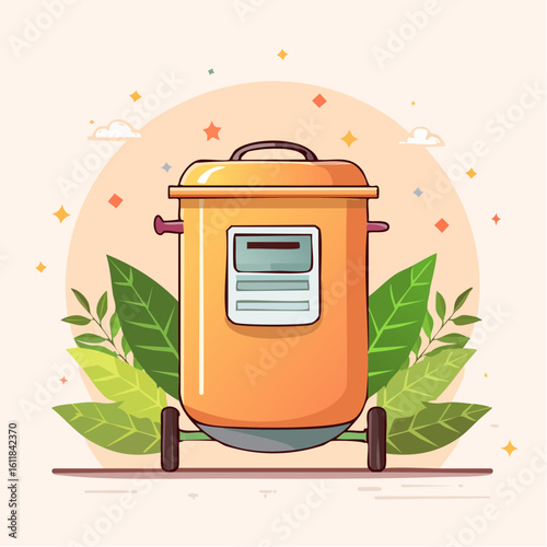 Stylized white and orange electric rice cooker with a lid handles and surrounded by vibrant green leaves.