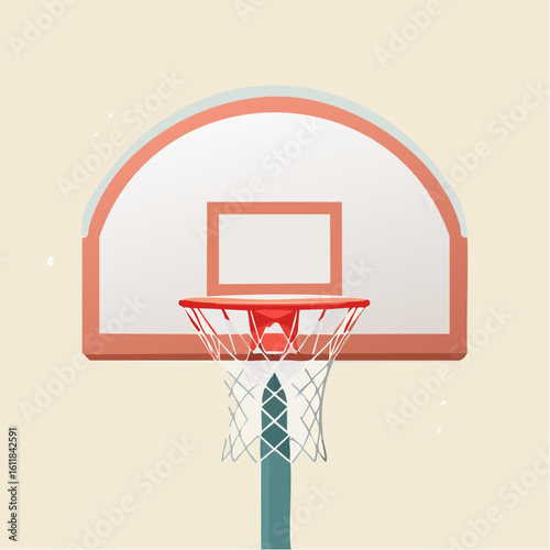 Illustrated basketball hoop with a white arched backboard red rim and teal support pole.