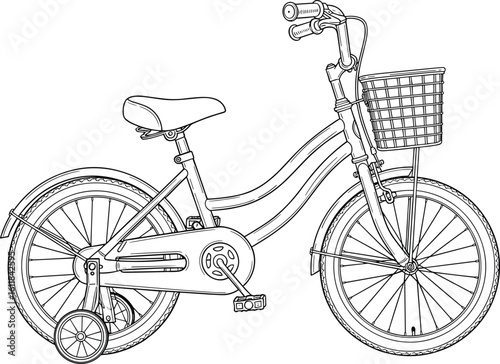 Children bicycle side view technical sketch, training wheels, front basket, CAD drawing outline for product mockup, vector illustration