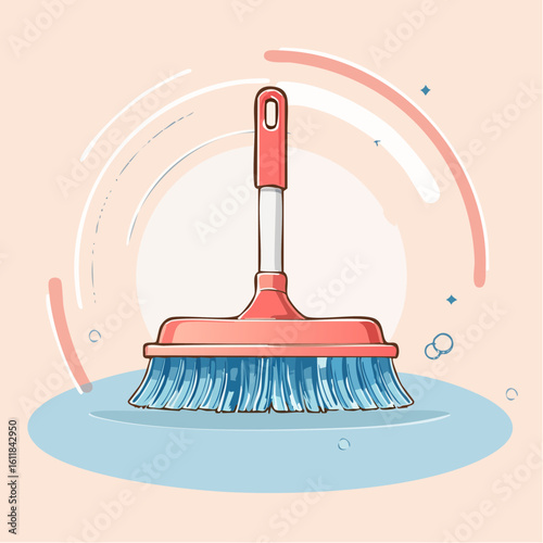 A stylized cartoon floor brush with a red handle white accents and vibrant blue bristles.