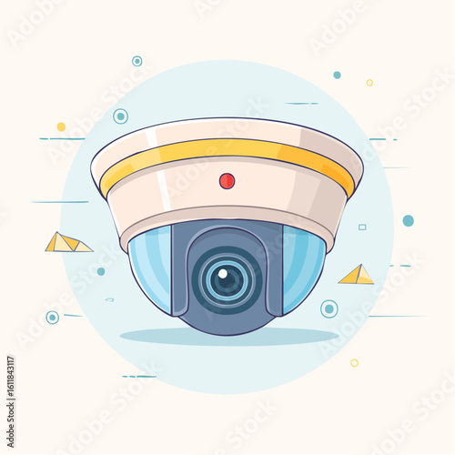 Stylized dome security camera with a yellow stripe and blue glass cover.