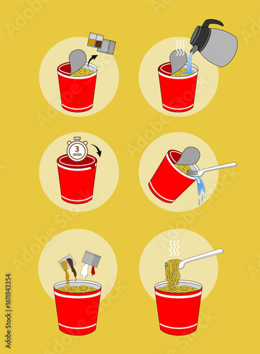 How to make instant noodle cup vector illustration, Step by Step and preparation Cooking Guide