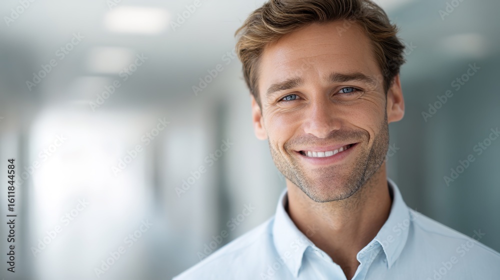 Happy young man with blue eyes smiling in a modern office hallway Happy young man with blue eyes smiling in a modern office hallway