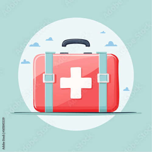 Red medical first aid kit with a white cross symbol black handle and blue straps Cartoon style illustration.