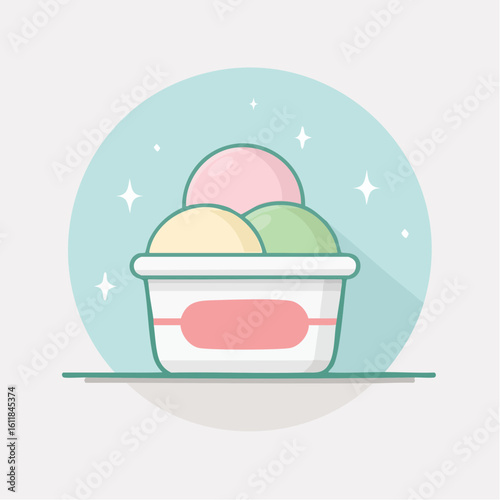 A cute cartoon tub of ice cream with three pastel scoops in pink yellow and green.