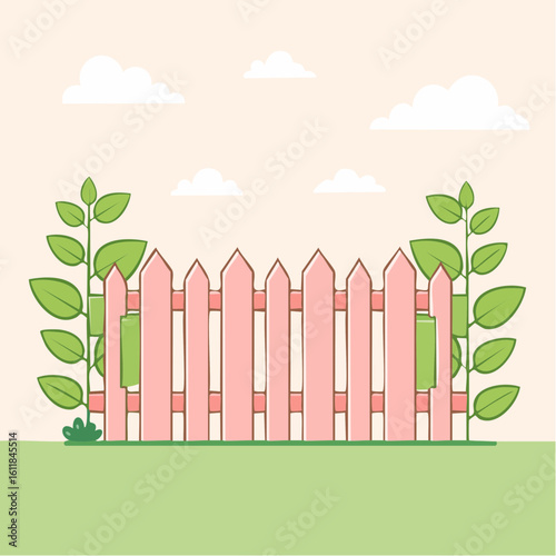 Illustrated pink wooden picket fence with pointed tops flanked by climbing green leafy vines.