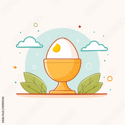 Cute cartoon soft-boiled egg with a bright yellow yolk resting in a shiny golden egg cup.