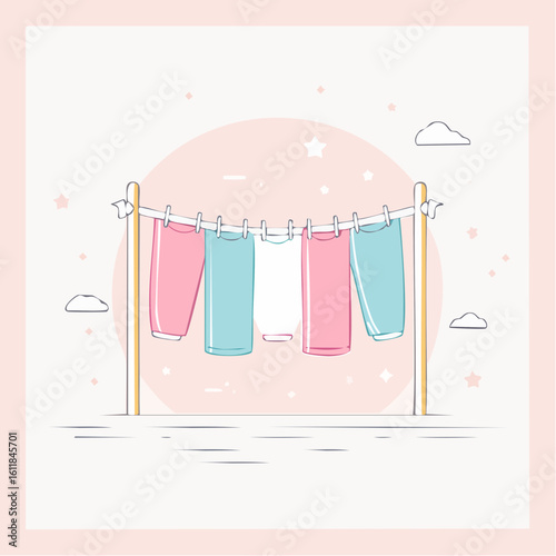 Cute pastel illustration of pink blue and white baby pants drying on a clothesline.