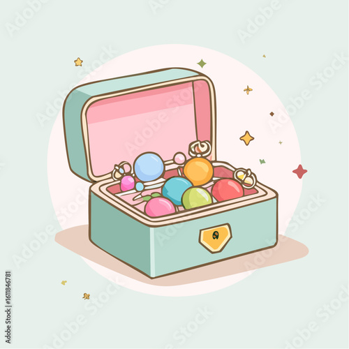 An open mint green jewelry box with a pink interior filled with colorful spherical bead jewelry.