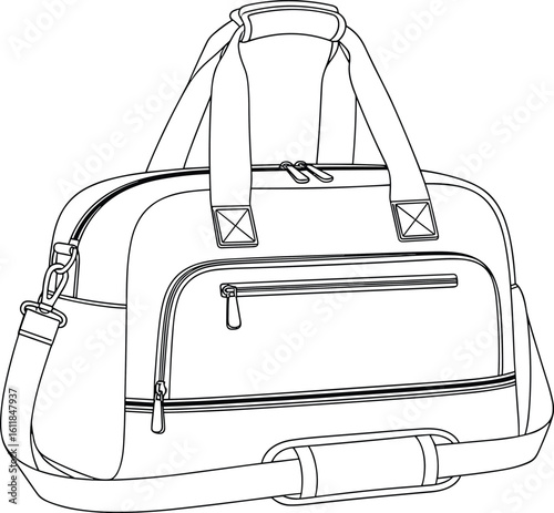 Detailed technical CAD drawing of duffle travel bag with shoulder strap, front pocket, zipper, flat vector illustration, black outlineDetailed technical CAD drawing of duffle travel bag with 