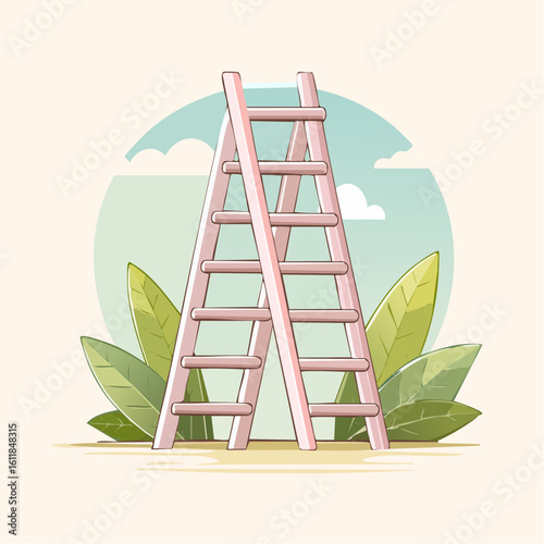 Stylized pink A-frame stepladder illustration with a simple clean design A wooden ladder with multiple rungs standing upright.