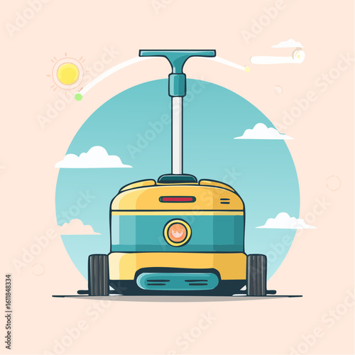 A modern cartoon-style wheeled robot in teal and yellow featuring a retractable T-handle and a central button.