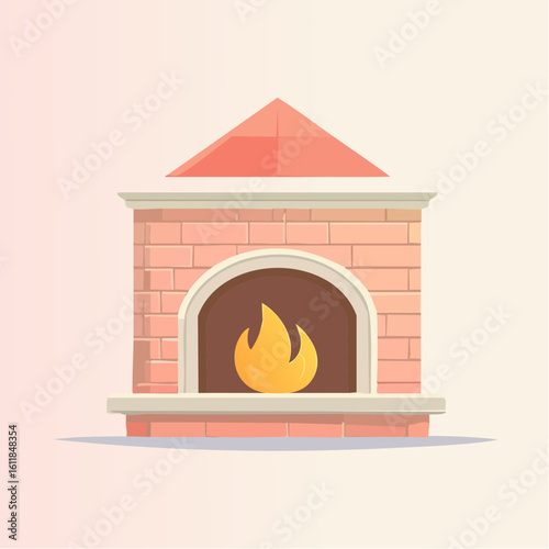 Classic pink brick fireplace with a white mantel and a stylized burning fire.