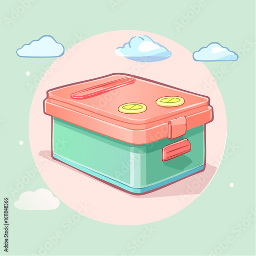 Cute cartoon bento box with a teal base pink lid and secure side latch.