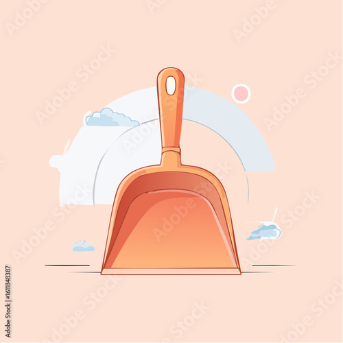 Modern flat vector illustration of an orange and white plastic dustpan with a hanging hole.