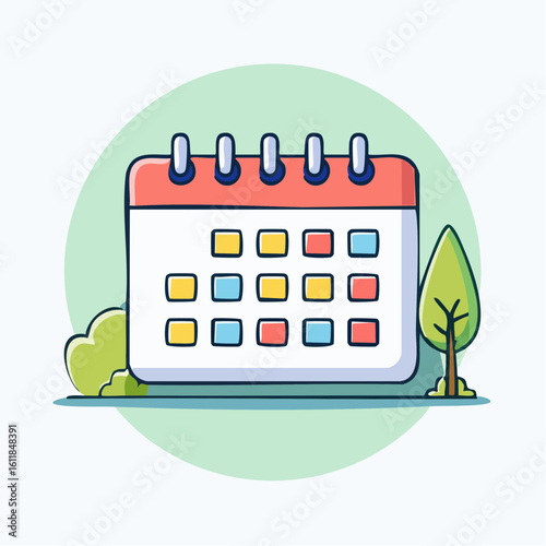 Colorful cartoon desk calendar with red binding and blue rings a flat design icon for scheduling and planning events.