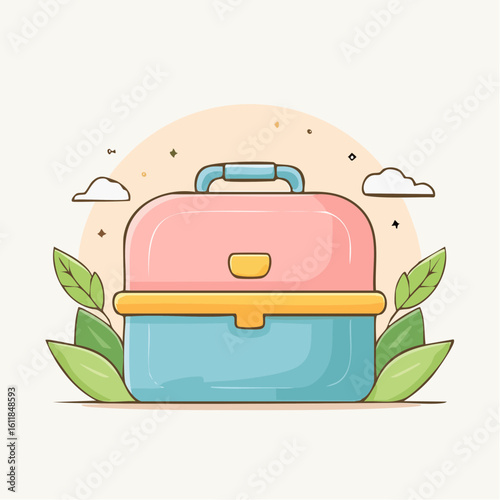 Pastel pink and blue cartoon lunchbox with a yellow latch and blue handle.